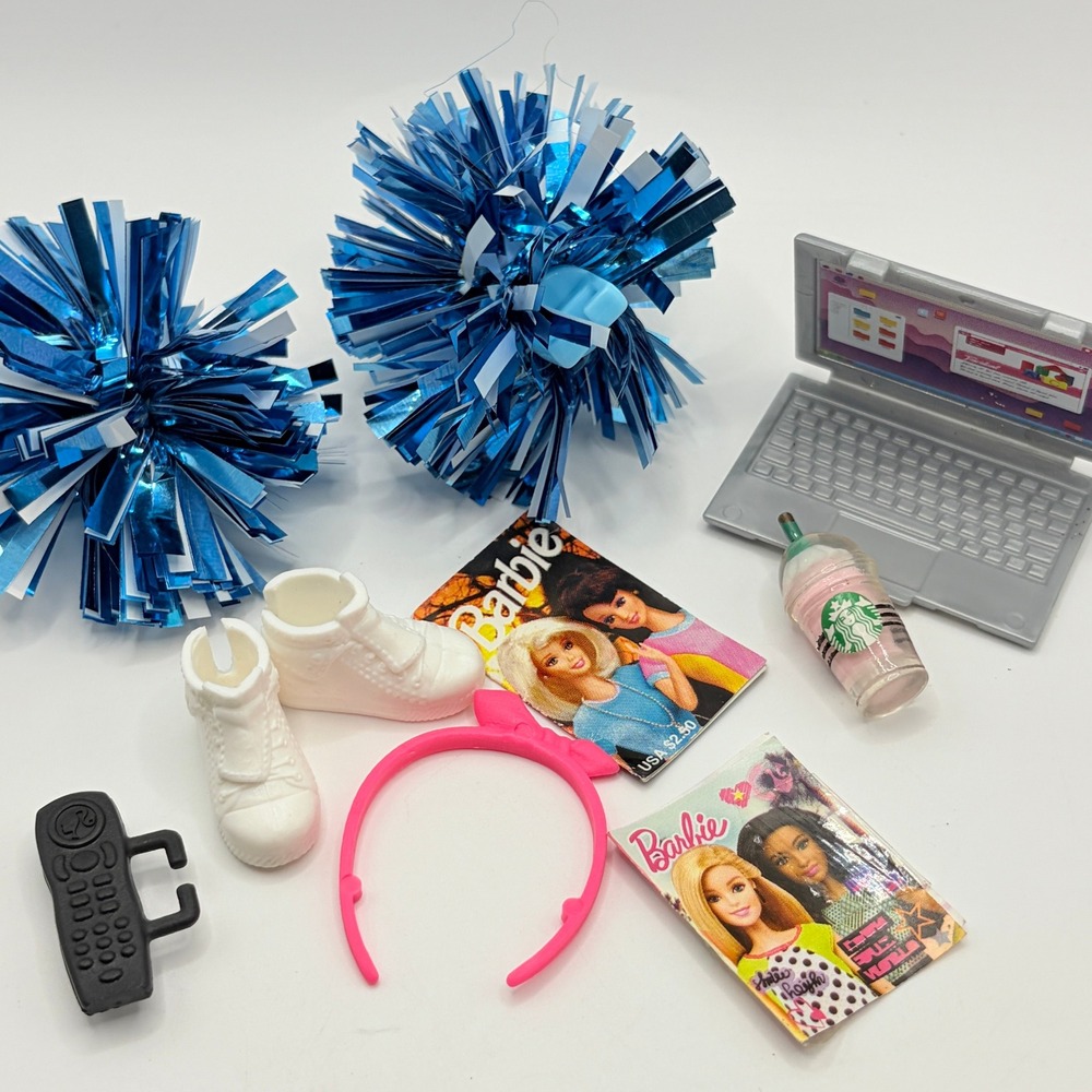 Barbie Skipper Doll Accessories Lot Laptop Pom Poms Starbucks Shoes Magazines